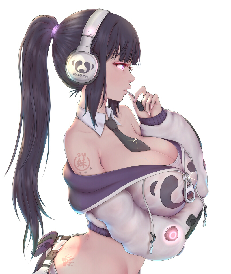 1girl, arm_under_breasts, bangs, bare_shoulders, belt, black_hair, black_neckwear, blunt_bangs