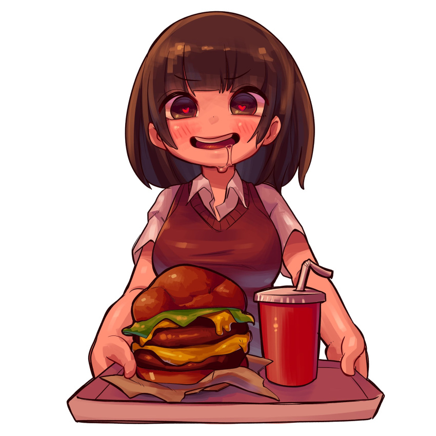 1girl, bangs, blunt_bangs, blush, breasts, brown_hair, collared_shirt, cup