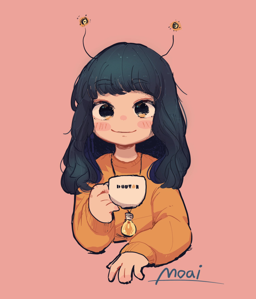 1girl, antennae, bangs, black_eyes, black_hair, blush, cropped_torso, cup
