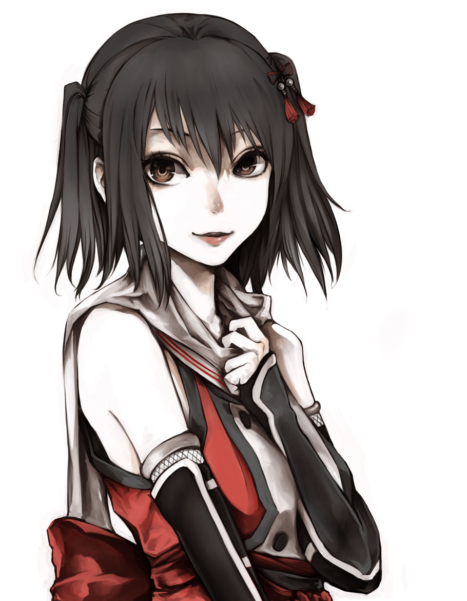 1girl, black_hair, brown_eyes, detached_sleeves, hair_ornament, kantai_collection, kurou_(bcrow), remodel_(kantai_collection)