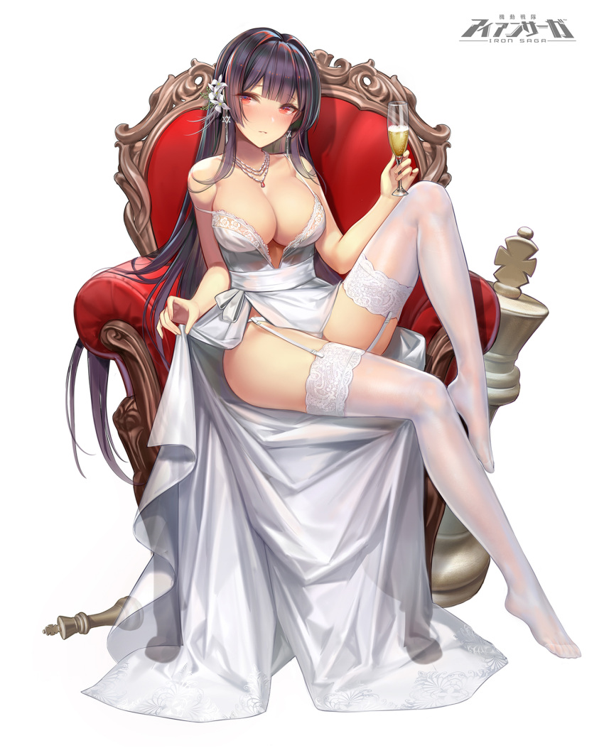 1girl, alcohol, bangs, bare_shoulders, blush, breasts, champagne_flute, cleavage