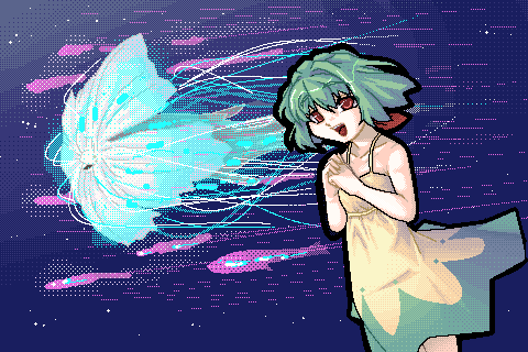 :d, bangs, bare_shoulders, bow, dress, flat_chest, flying, frontier
