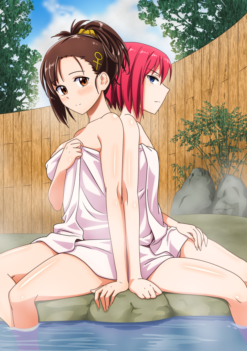 2girls, back-to-back, blue_eyes, blush, breasts, brown_eyes, brown_hair, day