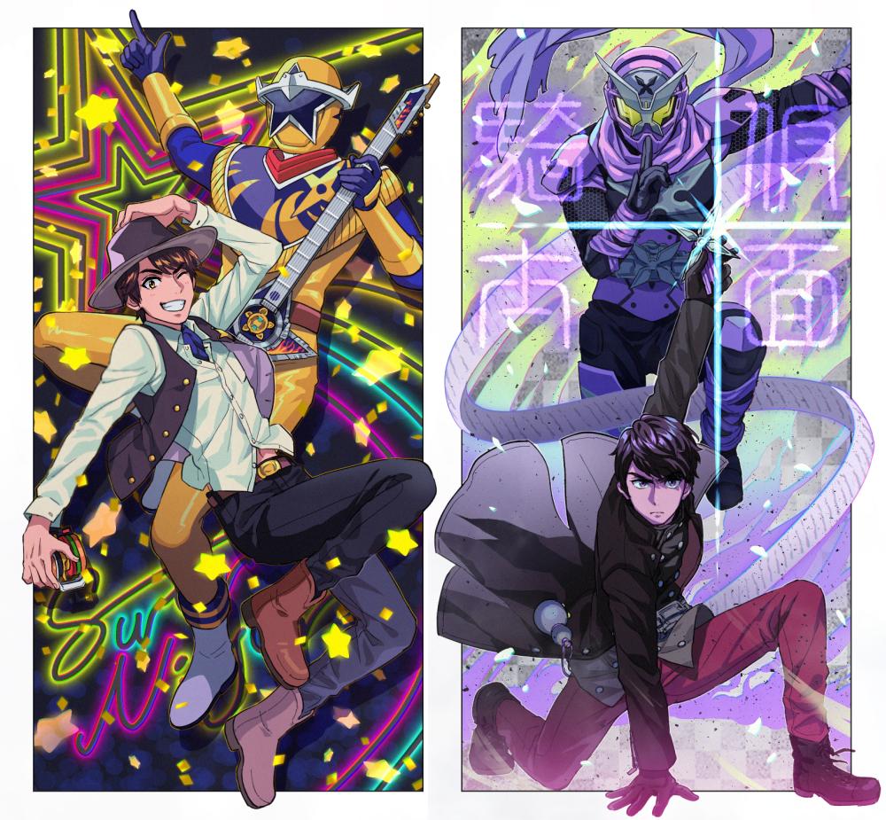 2boys, actor_connection, black_gloves, cowboy, dual_persona, gloves, gourd, grin