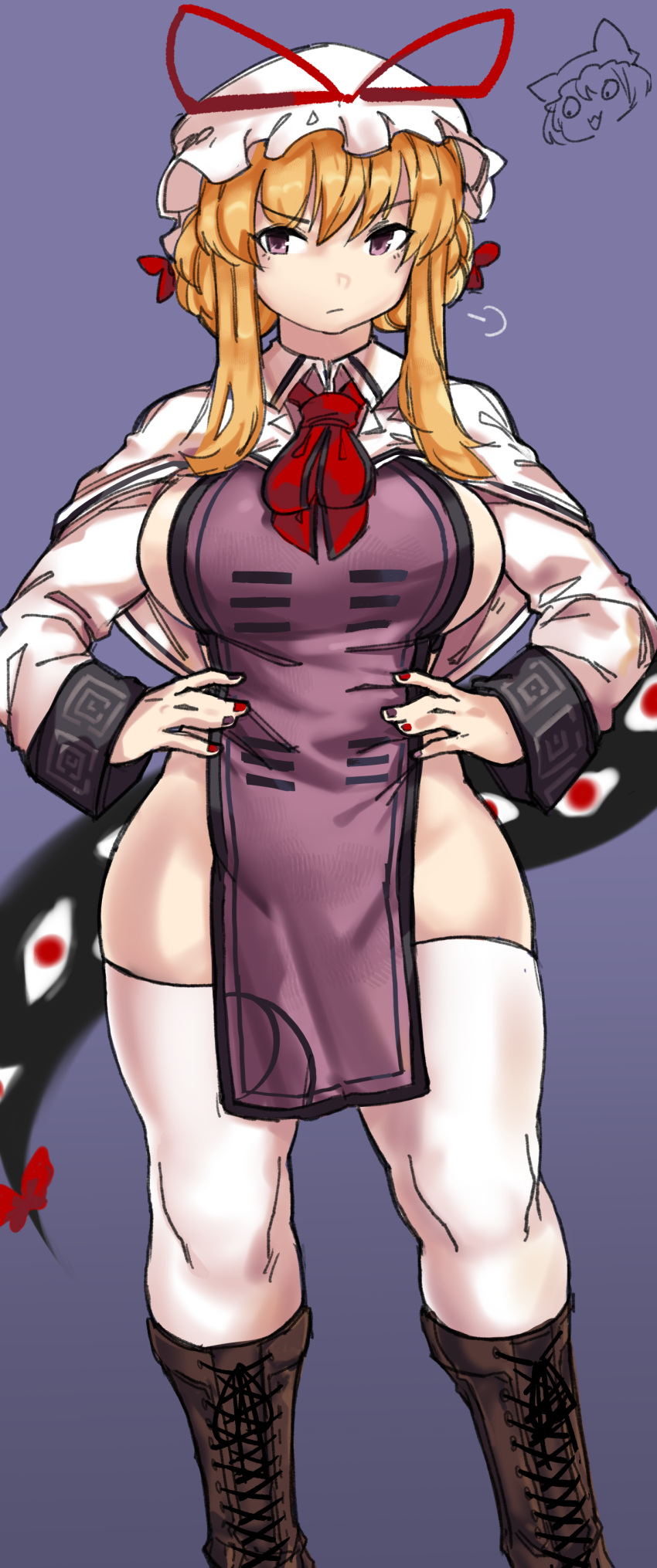1girl, absurdres, adapted_costume, alternate_hairstyle, blonde_hair, boots, breasts, brown_footwear