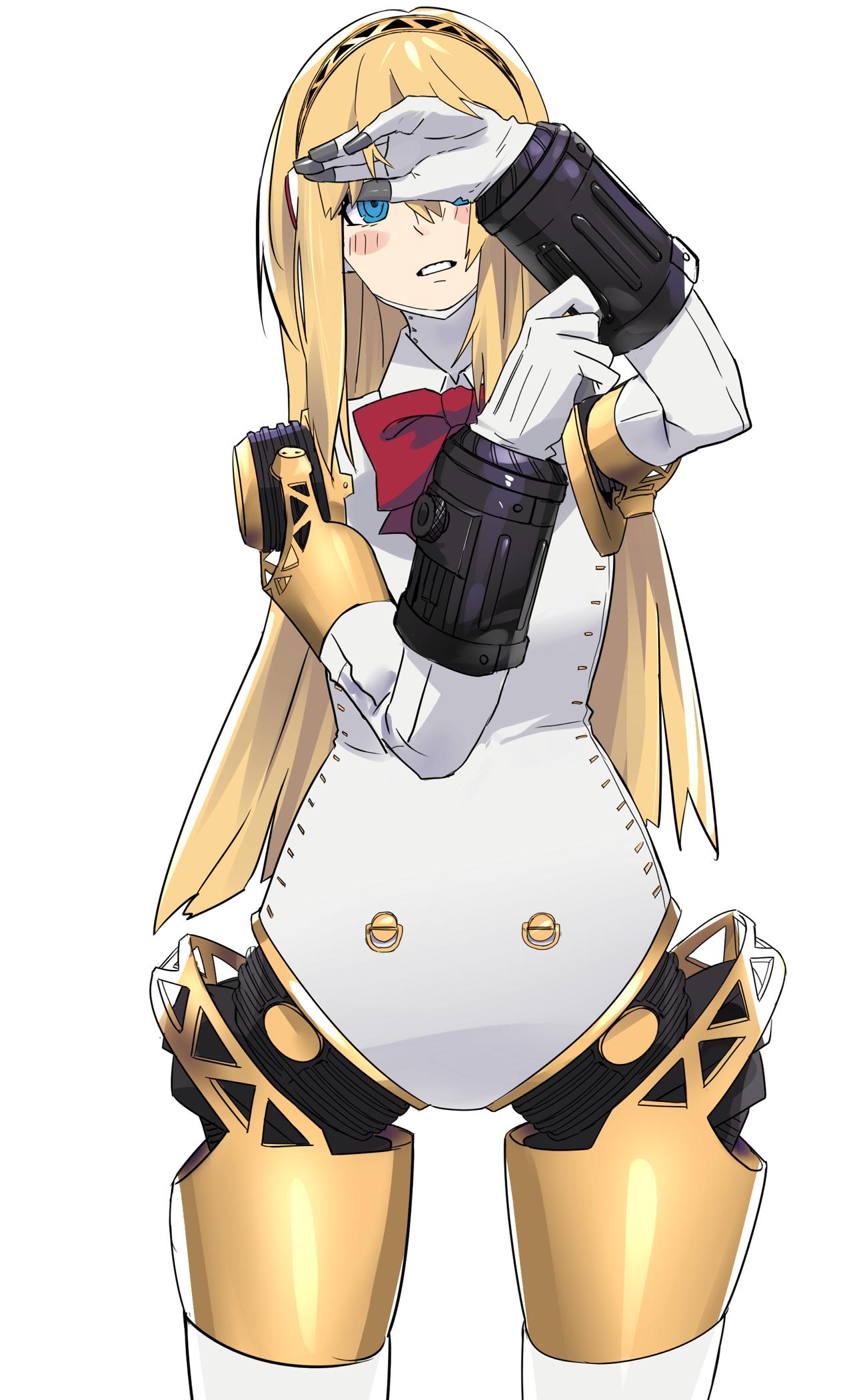 1girl, aegis_(persona), alternate_hair_length, alternate_hairstyle, android, blonde_hair, blue_eyes, blush, highres, long_hair, looking_at_viewer, mecha_musume, persona, persona_3, rdc7229, ribbon, robot_joints, simple_background, smile, solo, white_background