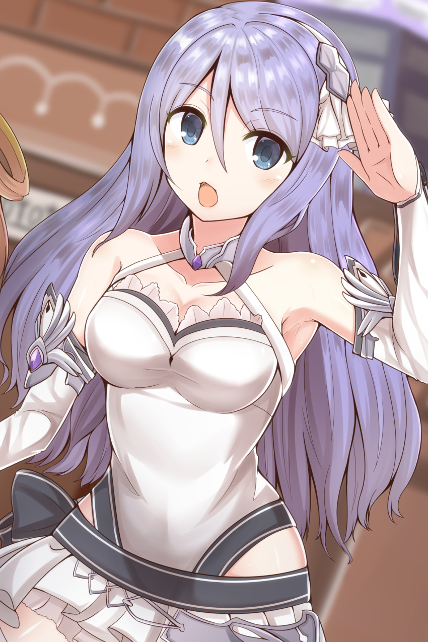 1girl, absurdres, blue_eyes, blurry, blurry_background, breasts, cleavage, collarbone