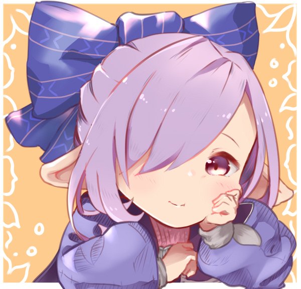 alternate_costume, alternate_hairstyle, blush_stickers, granblue_fantasy, hair_over_one_eye, hair_ribbon, hand_on_own_cheek, harvin