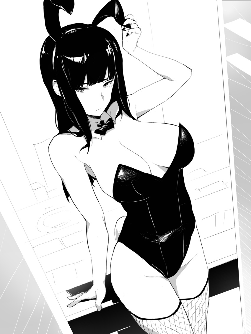 1girl, absurdres, animal_ears, arm_up, bangs, bare_arms, bare_shoulders, blunt_bangs