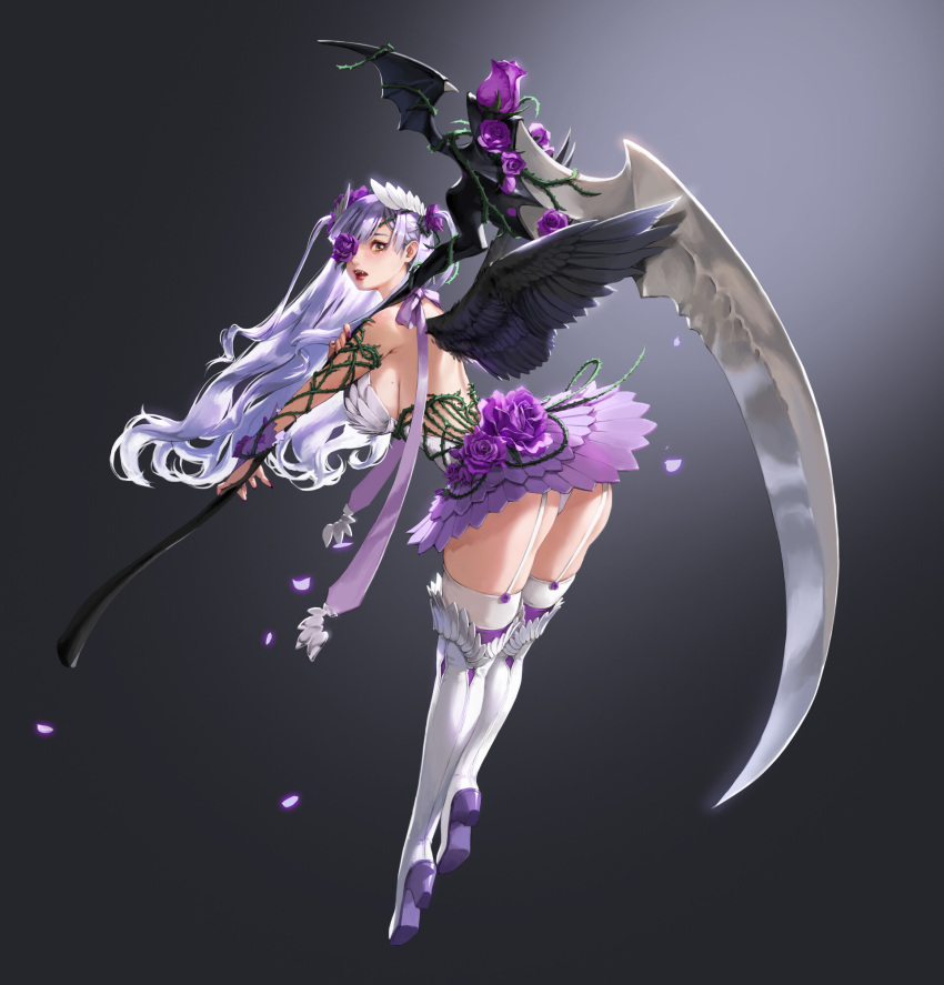 1girl, ass, backless_dress, backless_outfit, bare_shoulders, black_wings, boots, breasts