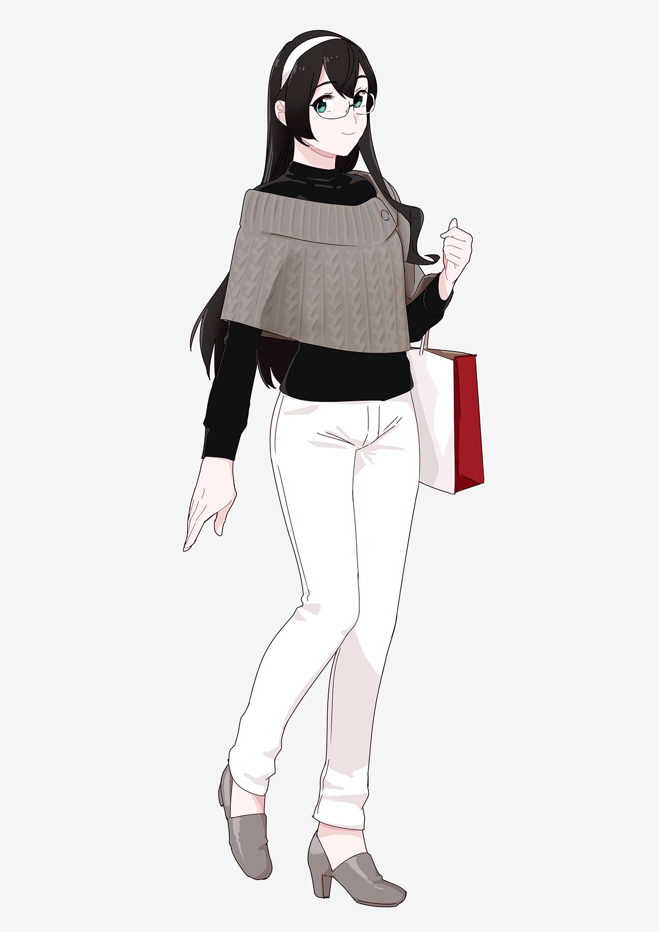 1girl, alternate_costume, bag, black_hair, black_sweater, full_body, green_eyes, grey_background