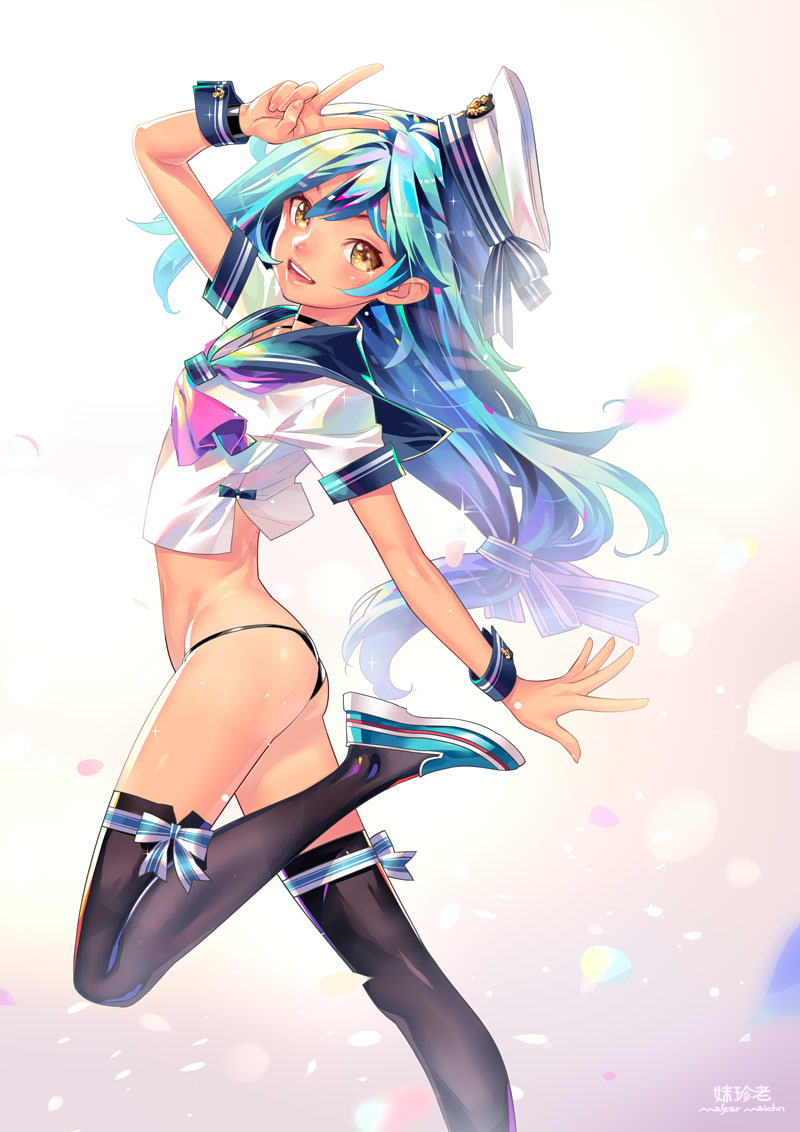 1boy, black_legwear, blue_hair, blue_sailor_collar, blush, detached_collar, hat, long_hair, looking_at_viewer, low-tied_long_hair, master_maichin, neckerchief, original, sailor_collar, sailor_hat, school_uniform, serafuku, smile, tan, tanline, trap, v, yellow_eyes