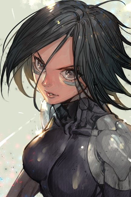 1girl, bare_shoulders, black_hair, cyborg, detached_sleeves, eyebrows, face, facial_mark, gally, grey_eyes, gunnm, gunnm_last_order, hankuri, looking_at_viewer, parted_lips, short_hair, solo
