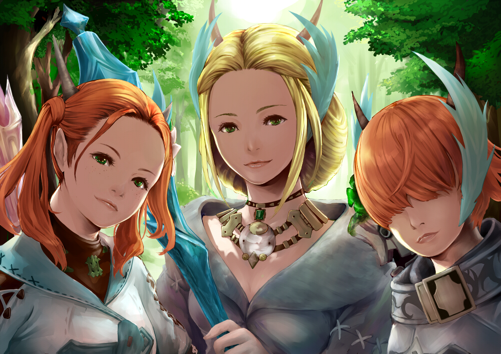 1boy, 2girls, a-ruhn-senna, blonde_hair, brother_and_sister, commentary_request, feathers, final_fantasy, final_fantasy_xiv, flower, forest, freckles, green_eyes, hair_feathers, hair_flower, hair_ornament, hair_over_eyes, head_tilt, horns, jewelry, kan-e-senna, light_smile, looking_at_viewer, multiple_girls, nature, necklace, orange_hair, outdoors, pomeroxu, raya-o-senna, short_hair, siblings, sisters, tree, twintails