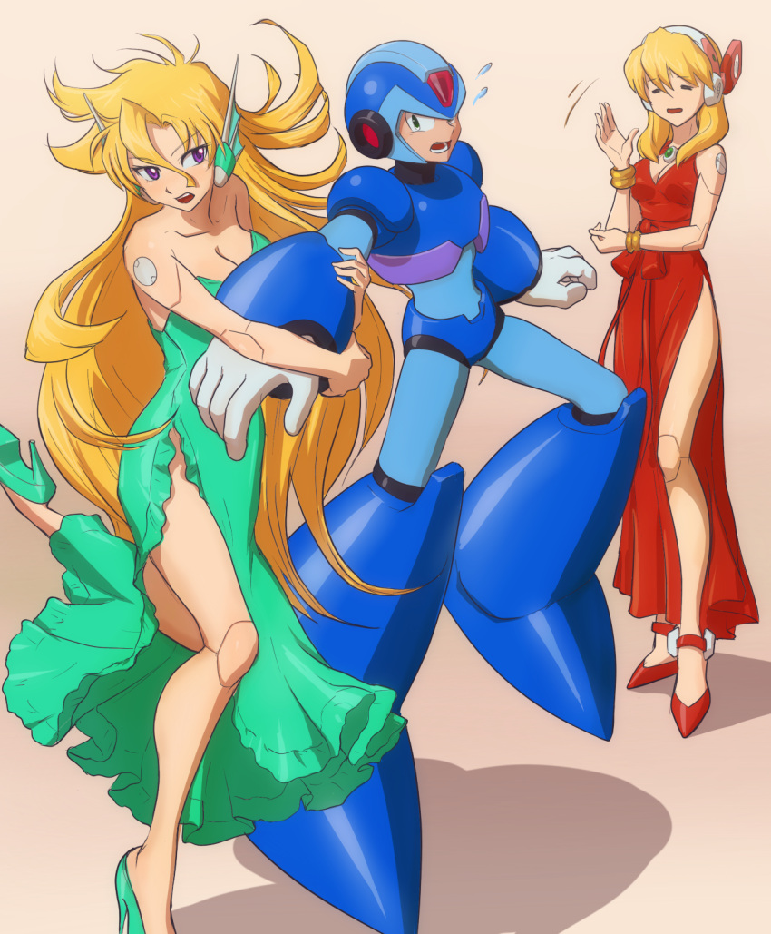1boy, 2girls, alia_(rockman), alternate_costume, android, arm_grab, bangs, blonde_hair, blue_dress, bracelet, breasts, capcom, cleavage, closed_eyes, commentary_request, dress, green_eyes, headset, helmet, high_heels, highres, jewelry, long_hair, mega_man_(series), mega_man_x_(series), multiple_girls, open_mouth, red_dress, red_footwear, robot_ears, robot_joints, rockman, rockman_x, rockman_x_(manga), side_slit, simple_background, user_fuyz3388, violet_eyes, x_(mega_man), x_(rockman)