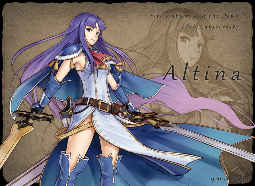 1girl, alondite, altina_(fire_emblem), anniversary, armpits, blue_eyes, blue_footwear, blue_hair, boots, capelet, character_name, copyright_name, dress, dual_wielding, fighting_stance, fire_emblem, fire_emblem:_akatsuki_no_megami, gauntlets, gonzarez, highres, holding, holding_sword, holding_weapon, huge_weapon, intelligent_systems, long_hair, looking_to_the_side, nintendo, pelvic_curtain, ragnell, scarf, serious, sheath, shoulder_armor, side_slit, sleeveless, sleeveless_dress, sword, thigh-highs, thigh_boots, thighs, turtleneck, twitter_username, typo, very_long_hair, weapon, zettai_ryouiki