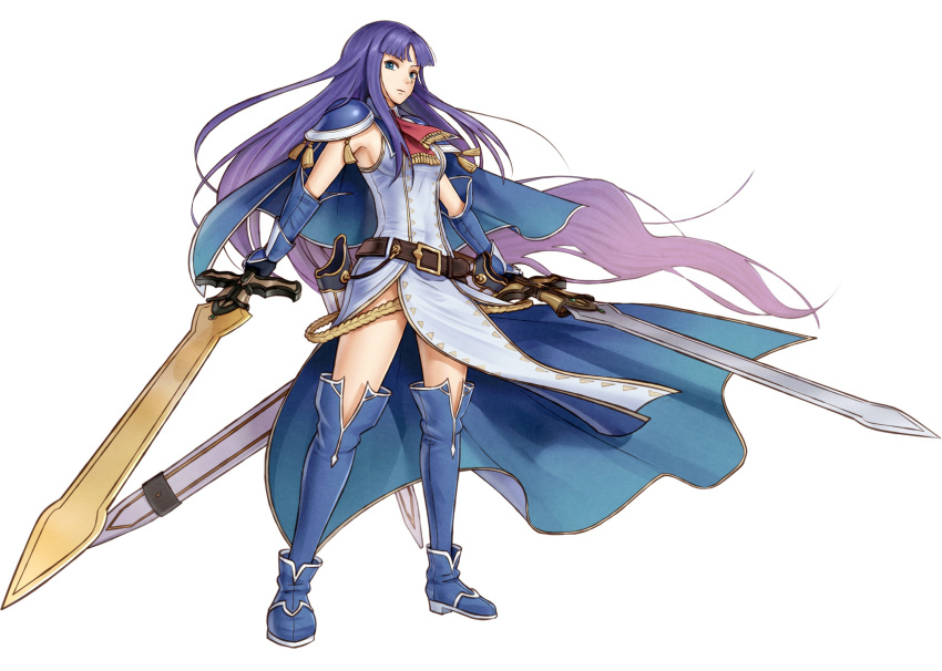 1girl, absurdres, alondite, altina_(fire_emblem), anniversary, armpits, blue_eyes, blue_footwear, blue_hair, boots, capelet, dress, dual_wielding, fighting_stance, fire_emblem, fire_emblem:_akatsuki_no_megami, full_body, gauntlets, gonzarez, highres, holding, holding_sword, holding_weapon, huge_weapon, long_hair, looking_to_the_side, nintendo, pelvic_curtain, ragnell, scarf, serious, sheath, shoulder_armor, side_slit, sleeveless, sleeveless_dress, sword, turtleneck, very_long_hair, weapon
