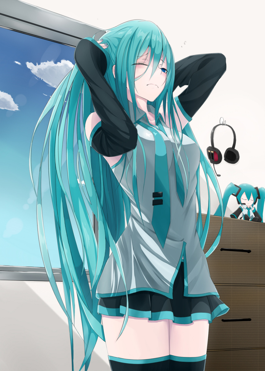 1girl, adjusting_hair, aqua_eyes, aqua_hair, arms_up, bare_shoulders, blush, breasts
