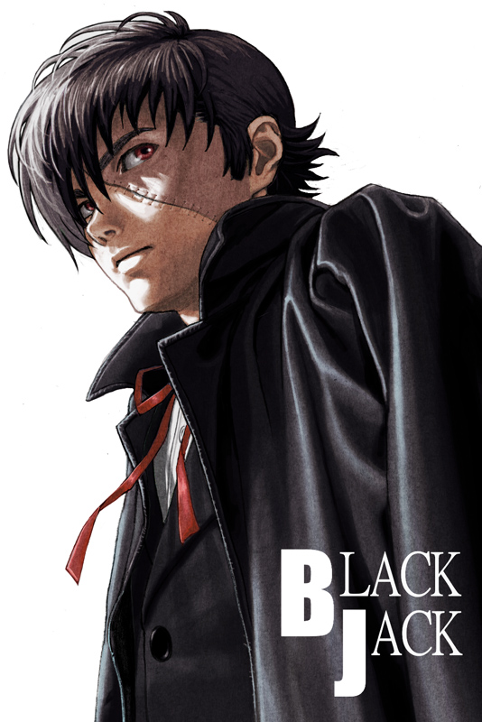 black_jack_(copyright), formal, multicolored_hair, realistic, red_eyes, scar, short_hair, suit
