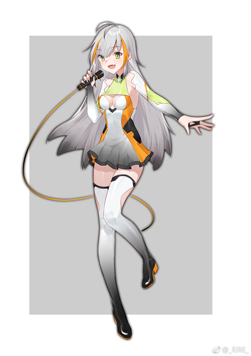 1girl, :d, ahoge, boots, breasts, bridal_gauntlets, cleavage, cleavage_cutout