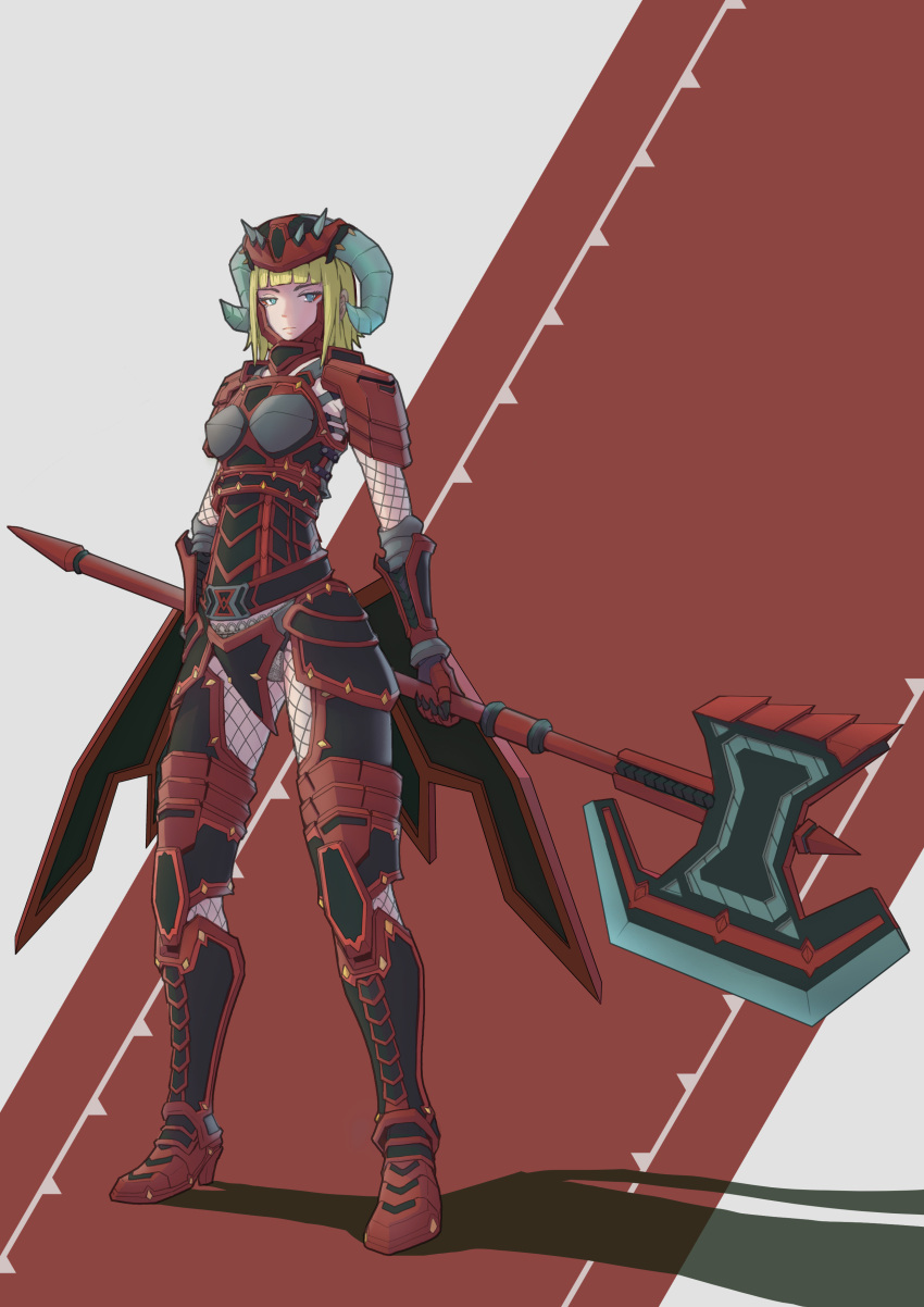 1girl, absurdres, armor, axe, bangs, battle_axe, blonde_hair, blue_eyes