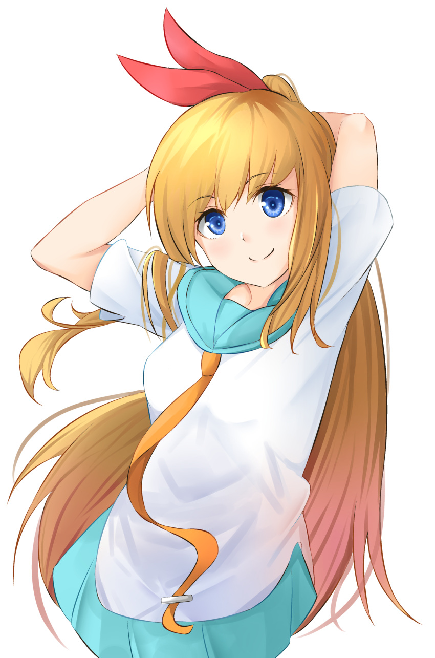 1girl, arms_behind_head, bare_arms, blonde_hair, blue_eyes, breasts, chisaku, commentary_request