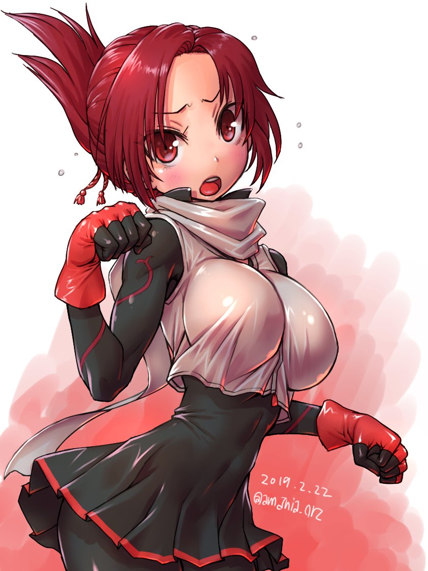 1girl, amania_orz, blush, breasts, dress, folded_ponytail, gloves, kemurikusa