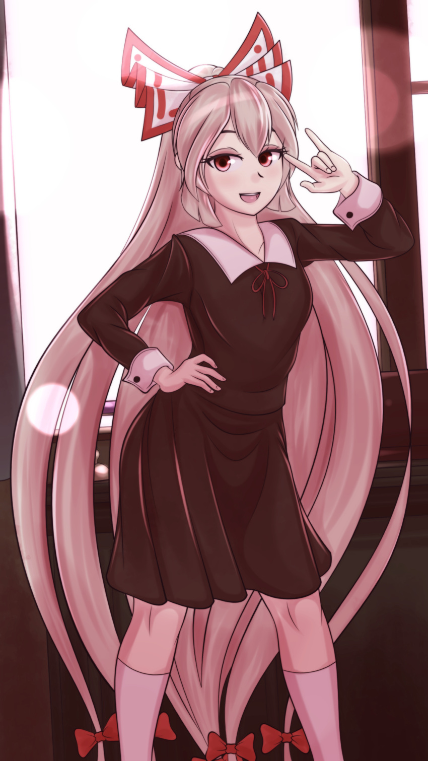 1girl, :d, \m/, absurdres, backlighting, black_dress, bow, cafeier