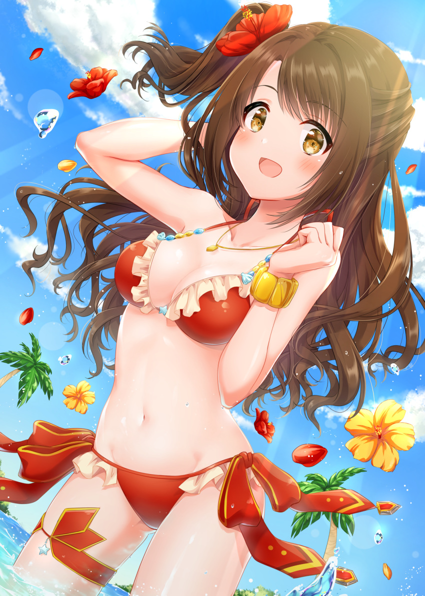 1girl, ayumi_(as0206), bikini, blue_sky, breasts, brown_eyes, brown_hair, clouds