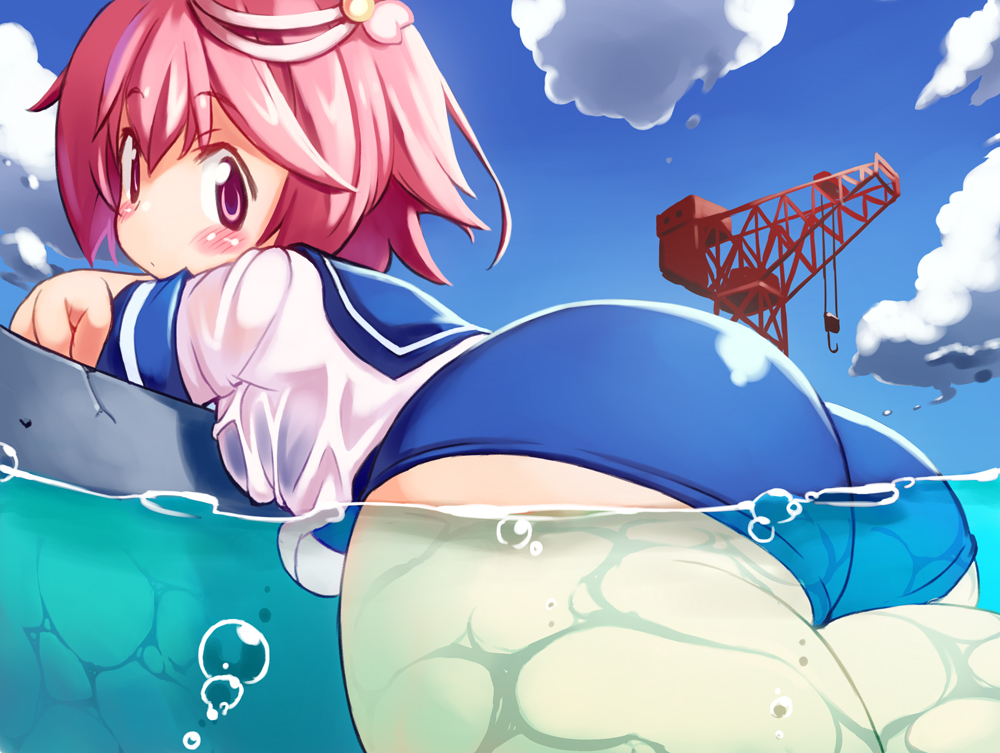 1girl, air_bubble, ass, blue_sailor_collar, blue_sky, blue_swimsuit, blush, breasts, bubble, clouds, cloudy_sky, crane, crossed_arms, curvy, day, eyebrows_visible_through_hair, hair_between_eyes, hair_ornament, huge_ass, i-58_(kantai_collection), kantai_collection, light_brown_hair, looking_at_viewer, looking_to_the_side, neckerchief, ocean, one-piece_swimsuit, outdoors, partially_submerged, pink_eyes, pink_hair, plump, sailor_collar, school_swimsuit, school_uniform, serafuku, shipyard, shirt, short_hair, sky, small_breasts, solo, swimsuit, swimsuit_under_clothes, thick_thighs, thighs, wet, wet_clothes, white_shirt, yu_3