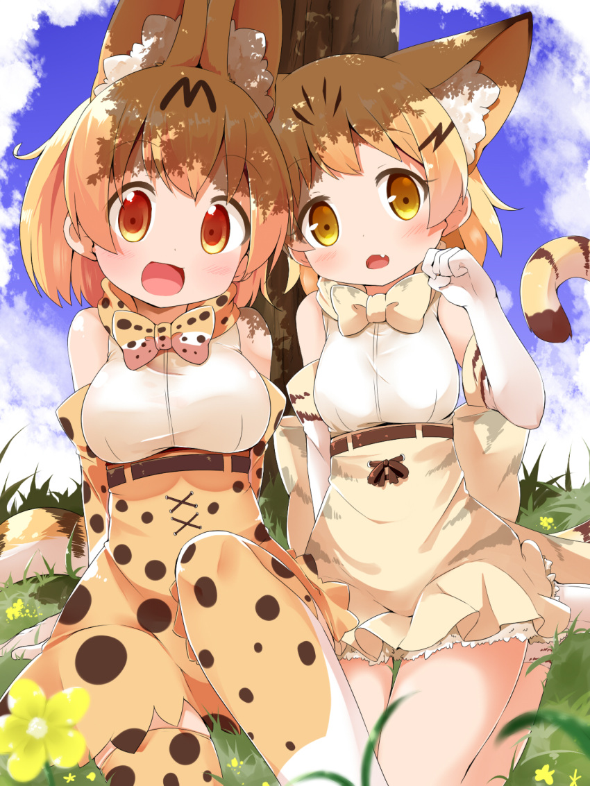 2girls, :d, animal_ear_fluff, animal_ears, bare_shoulders, blonde_hair, blue_sky, blush, bow, bowtie, breasts, brown_eyes, cat_ears, cat_girl, cat_tail, clouds, cloudy_sky, commentary_request, day, elbow_gloves, fang, feet_out_of_frame, gloves, grass, hand_up, high-waist_skirt, highres, kemono_friends, makuran, medium_breasts, multiple_girls, on_grass, open_mouth, outdoors, print_gloves, print_legwear, print_neckwear, print_skirt, sand_cat_(kemono_friends), sand_cat_print, serval_(kemono_friends), serval_ears, serval_print, serval_tail, shirt, shoes, sitting, skirt, sky, sleeveless, sleeveless_shirt, smile, striped_tail, tail, tail_raised, thigh-highs, tree, white_footwear, white_gloves, white_shirt