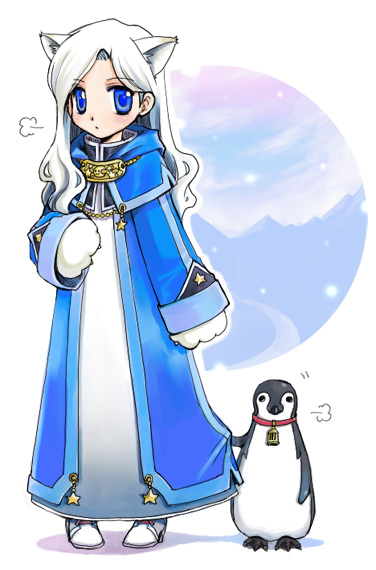 bird, blue_eyes, blush, dress, hirose_wataru, long_hair, mabinogi, paws