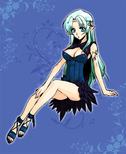 breasts, cleavage, green_hair, hirose_wataru, long_hair, mabinogi, pointy_ears, solo
