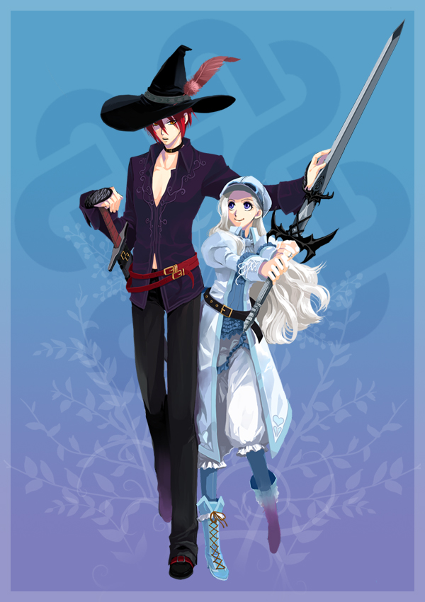 hat, hirose_wataru, long_hair, mabinogi, smile, sword, weapon, white_hair
