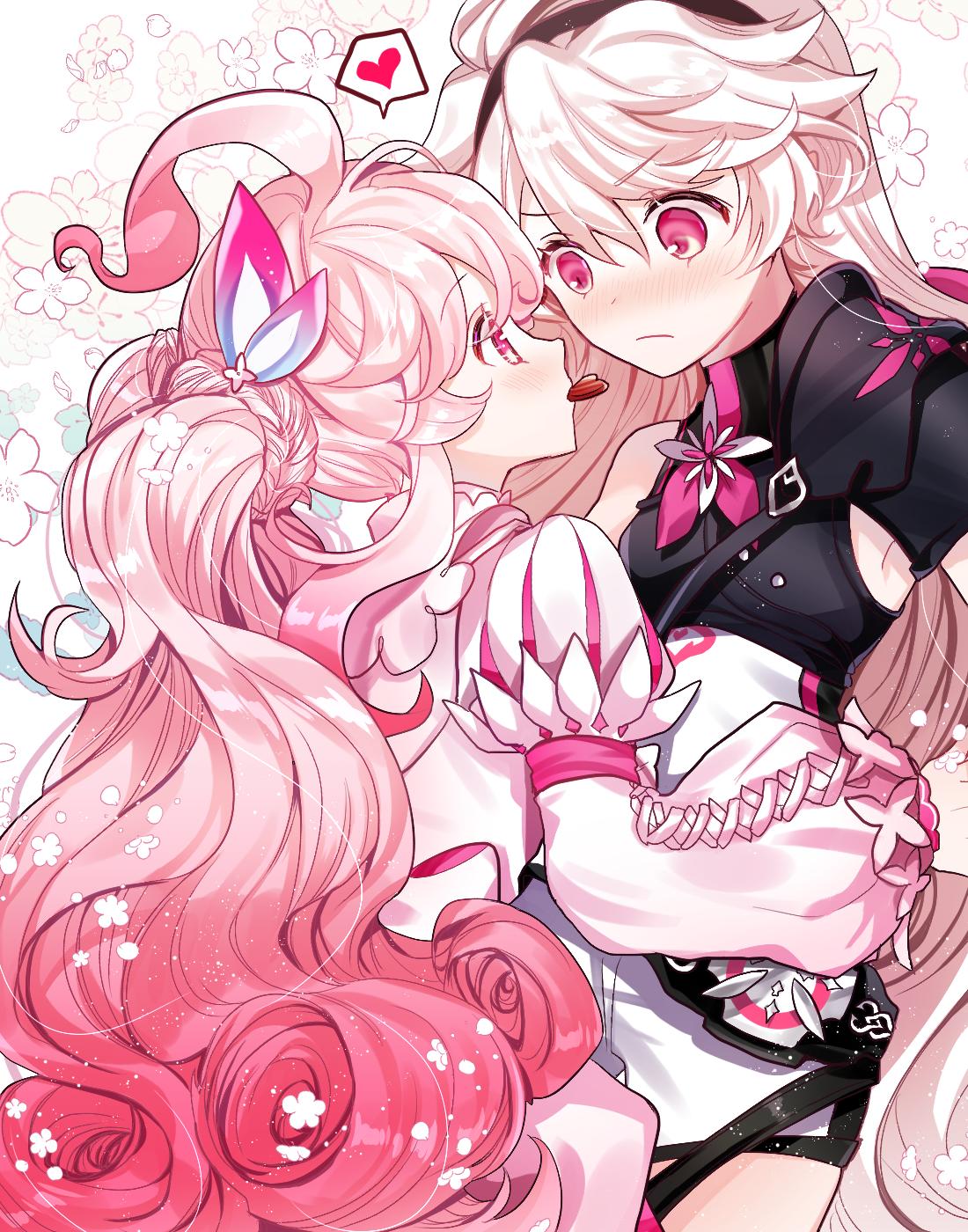 1_para_9, 2girls, ahoge, armpits, blush, braid, chocolate, chocolate_heart, elsword, eternity_winner_(elsword), eyebrows_visible_through_hair, floral_background, fluffy, hairband, heart, highres, lolita_fashion, long_hair, multiple_girls, radiant_soul_(elsword), shoulder_armor, twintails, yuri