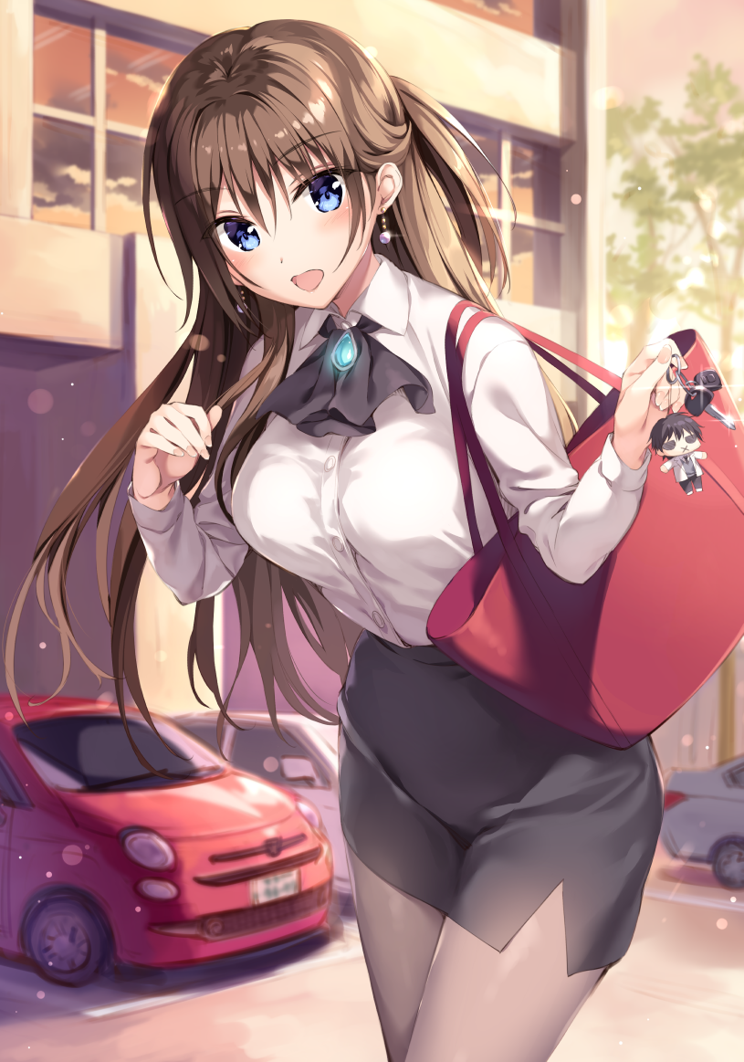 1girl, :d, bag, black_neckwear, black_skirt, blue_eyes, blurry, boku_no_kanojo_sensei
