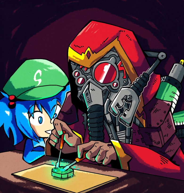 1boy, 1girl, adeptus_mechanicus, blue_eyes, blue_hair, blue_shirt, chisel, commentary, crossover, cyborg, dark_background, english_commentary, extra_arms, glowing, goggles, green_hat, hair_bobbles, hair_ornament, hat, hood, kawashiro_nitori, mask, mechanical_arm, mini-hakkero, rebreather, red_goggles, red_hood, red_robe, robe, setz, shirt, short_hair, smile, sparks, table, techpriest, touhou, tube, twintails, warhammer_40k