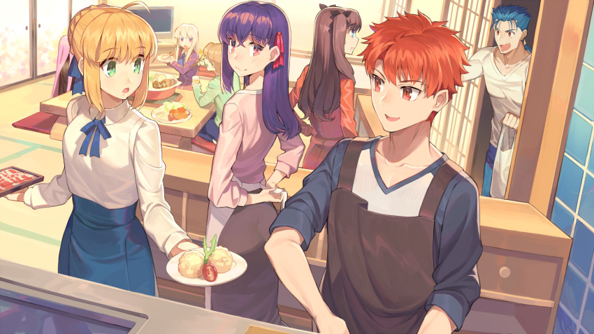 2boys, 6+girls, ahoge, apron, artoria_pendragon_(all), bag, bianyuanqishi, black_hair