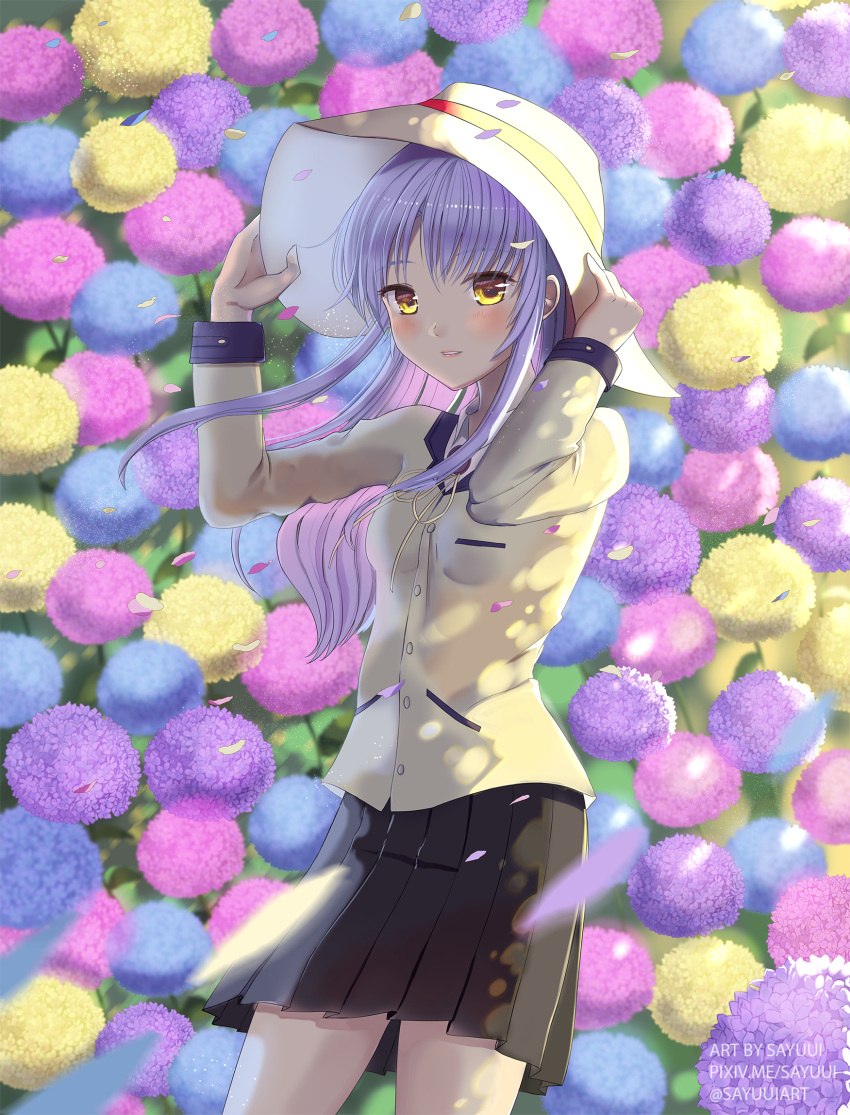 1girl, angel_beats!, bangs, blush, breasts, eyebrows_visible_through_hair, flower, hair_between_eyes