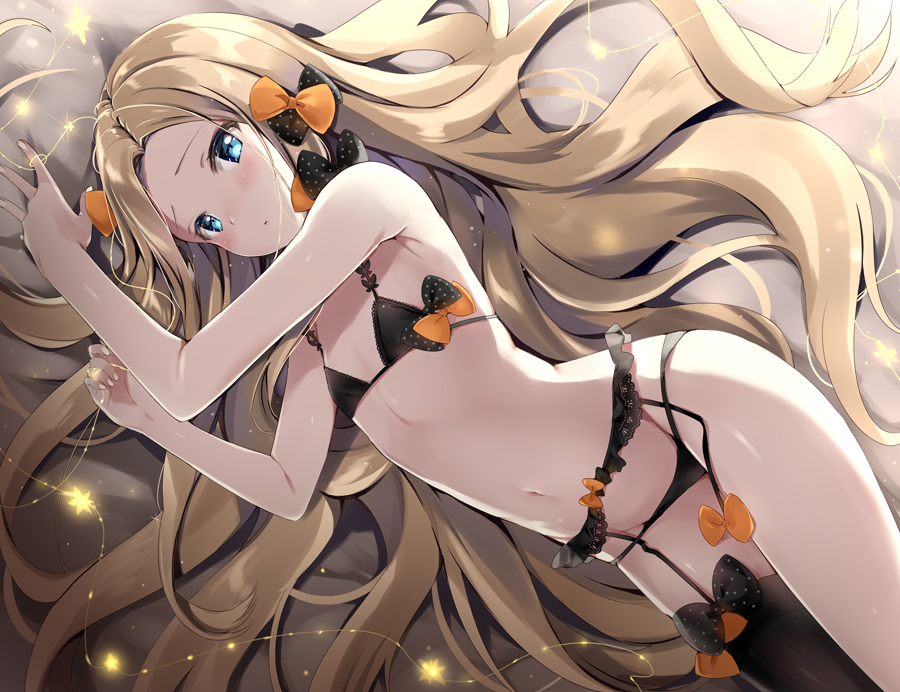 1girl, abigail_williams_(fate/grand_order), bangs, bare_shoulders, black_bow, black_bra, black_legwear, black_panties, blonde_hair, blue_eyes, blush, bow, bra, commentary_request, fate/grand_order, fate_(series), flat_chest, forehead, garter_belt, hair_bow, long_hair, looking_at_viewer, lying, natsume_eri, navel, on_side, open_mouth, orange_bow, panties, parted_bangs, polka_dot, polka_dot_bow, single_thighhigh, solo, stomach_(organ), thigh-highs, thighs, underwear, underwear_only, very_long_hair