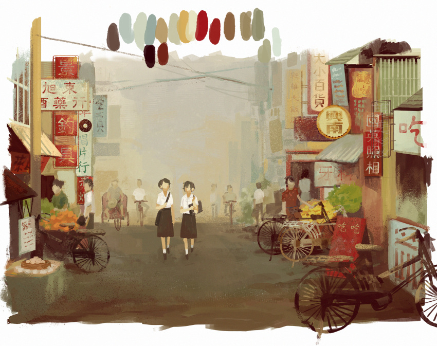 4girls, 6+boys, bag, baozi, bicycle, black_footwear, black_hair, black_skirt, bookbag, china_dress, chinese_clothes, day, detention_(game), dress, faceless, faceless_female, faceless_male, fang_ray_shin, food, fruit, ground_vehicle, highres, multiple_boys, multiple_girls, outdoors, pipay, power_lines, red_dress, rickshaw, scenery, school_uniform, shirt, shoes, sign, skirt, socks, standing, taiwan, vanishing_point, white_shirt