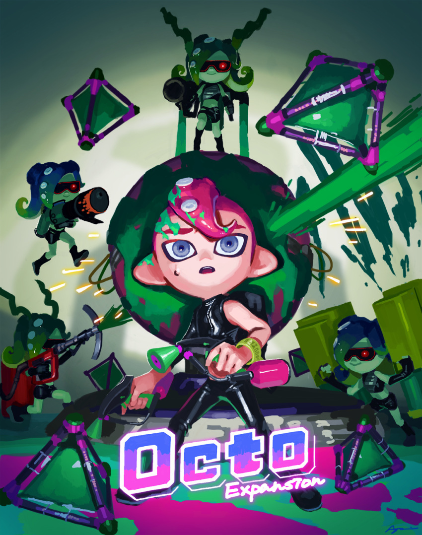 1boy, 4girls, agent_8, ayumi_(830890), bike_shorts, black_footwear, black_gloves, black_hair, black_pants, blaster_(splatoon), blue_hair, boots, closed_mouth, dual_wielding, elbow_gloves, fingerless_gloves, gloves, gradient_hair, green_hair, green_skin, grey_eyes, highres, holding, ink_tank_(splatoon), inkjet_(splatoon), jetpack, legs_apart, long_hair, long_sleeves, mohawk, multicolored_hair, multiple_girls, octarian, octoling, open_mouth, paint, pants, pink_hair, seaweed, short_hair, signature, single_bare_shoulder, single_sleeve, smile, splat_bomb_(splatoon), splat_dualies_(splatoon), splatoon, splatoon_(series), splatoon_2, splatoon_2:_octo_expansion, standing, sting_ray_(splatoon), suction_cups, sunglasses, takozonesu, teeth, tenta_missiles_(splatoon), tentacle_hair, two-tone_hair, wristband, zipper, zipper_pull_tab