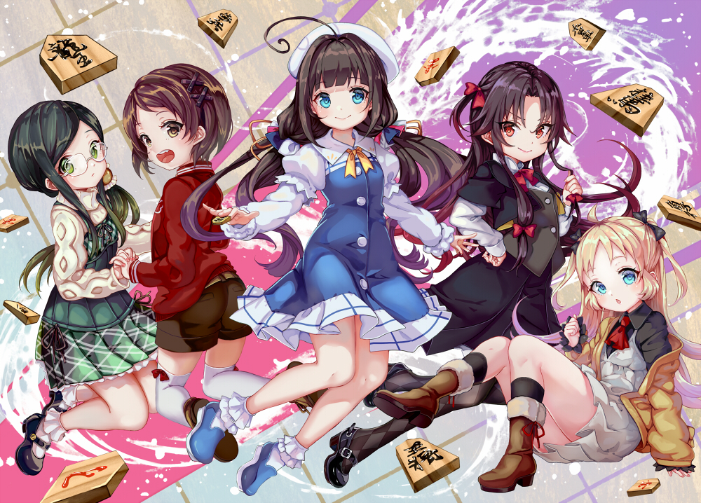 >:), 5girls, ahoge, aran_sweater, argyle, argyle_legwear, ascot, ass