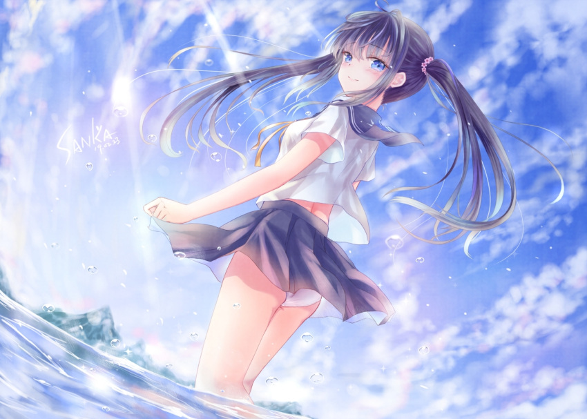 1girl, ahoge, ass, bangs, black_sailor_collar, black_skirt, blue_eyes, blue_sky