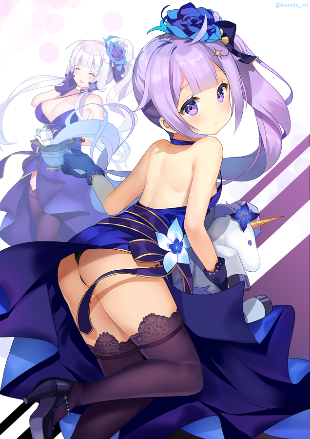 2girls, ^_^, ass, azur_lane, black_legwear, black_panties, blue_dress, breasts