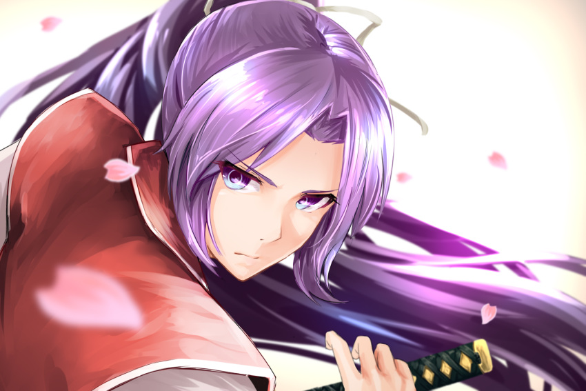 1girl, bending_forward, blue_eyes, blurry, depth_of_field, expressionless, hair_ribbon, hand_on_hilt