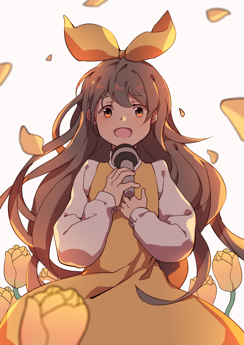 1girl, absurdres, bow, brown_eyes, brown_hair, devotion, dress, du_meishin