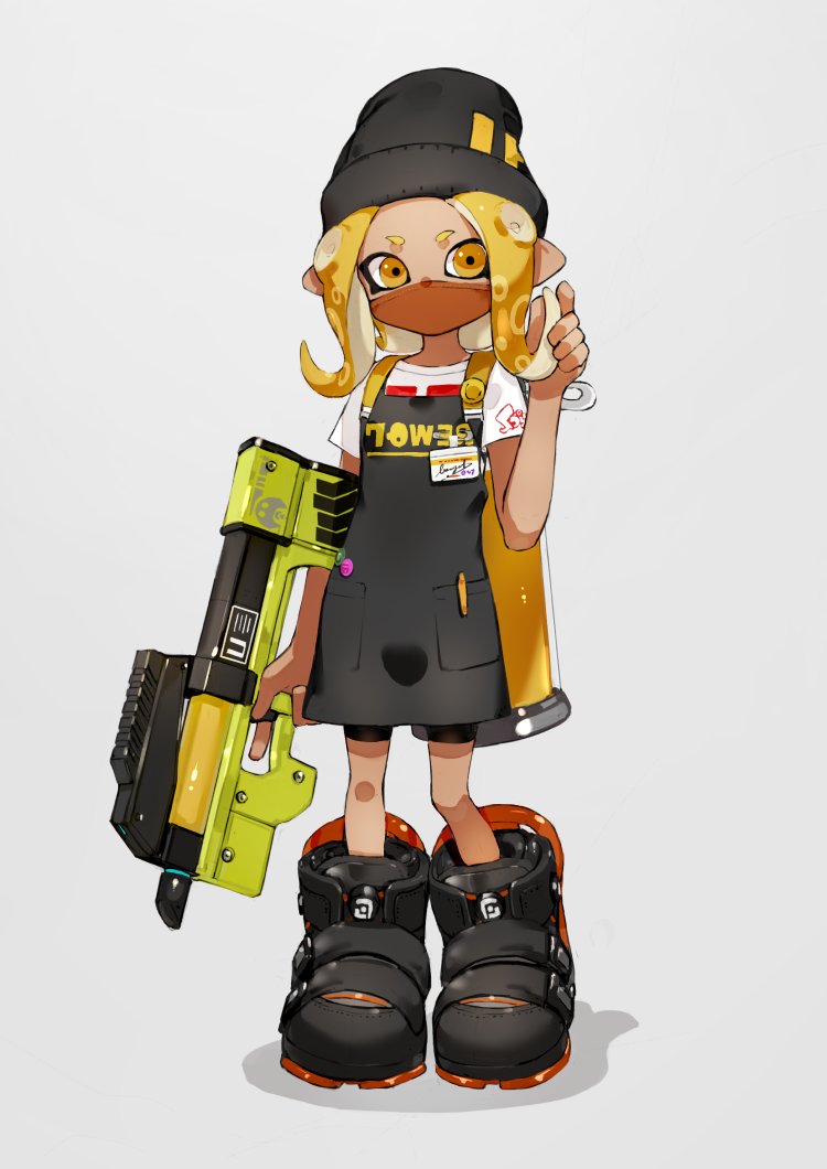 1girl, apron, badge, beanie, black_apron, black_footwear, black_hat, boots
