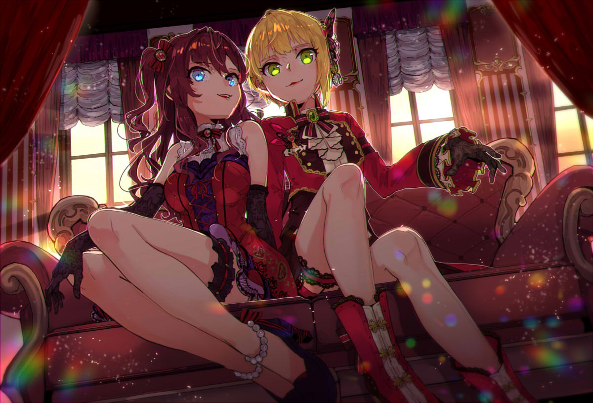 2girls, anklet, black_footwear, black_gloves, blonde_hair, blue_eyes, boots, brown_hair