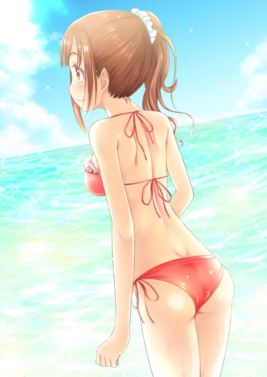 1girl, ass, bikini, blue_sky, blush, breasts, brown_eyes, brown_hair